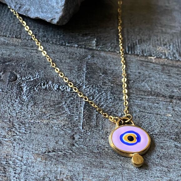 NEW Light Pink Enamel Evil Eye Layering Necklace - Picture 4 of 9